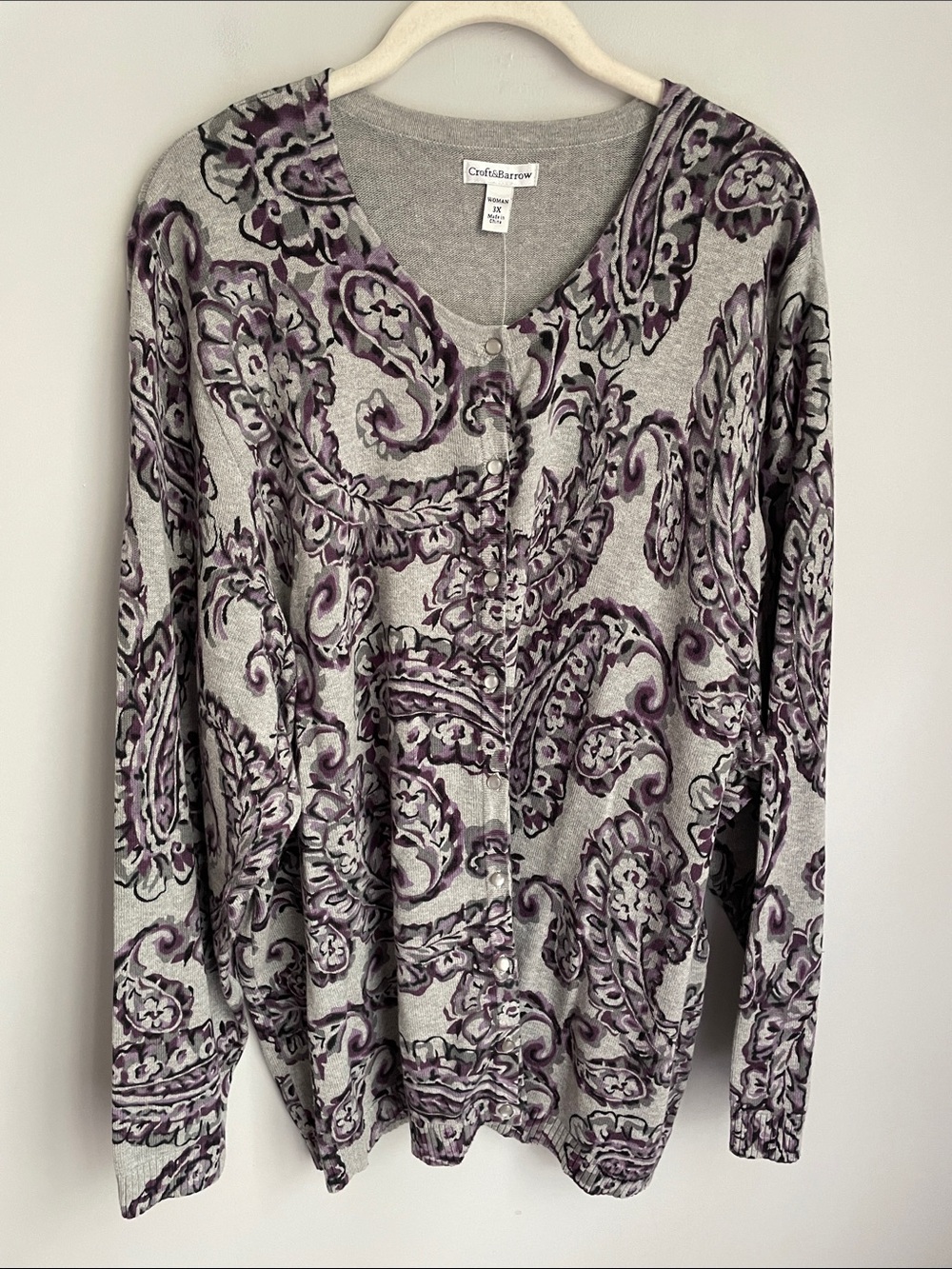 New Croft & Barrow Gray and Purple Paisley Button-Front Cotton Cardigan Size 3X